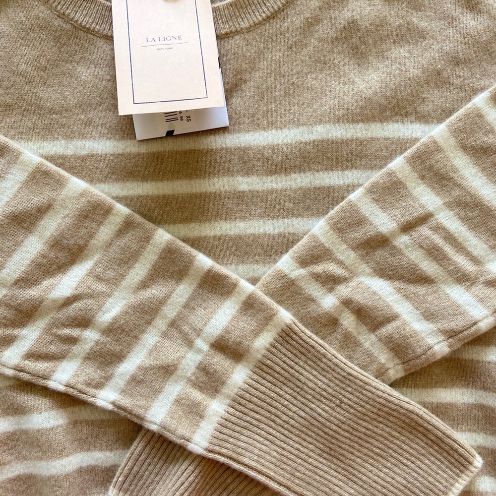 La Ligne Tan and Cream Crew Neck Sweater with Striped Detailing